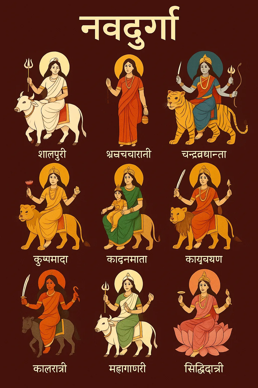 Digital illustration showing the nine forms of Goddess Durga (Navadurga) in a 3x3 grid, each Devi depicted with distinct attributes, mounts, and names written in Devanagari script.