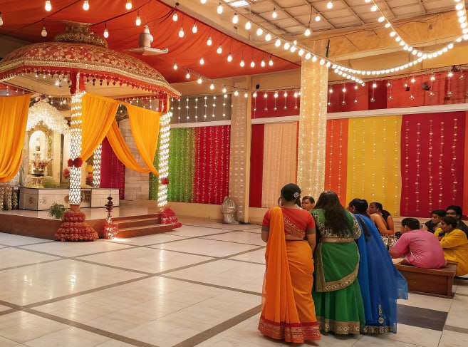 People in colorful traditional Indian attire gathered inside a decorated temple hall with bright drapes, hanging lights, and a central shrine.
