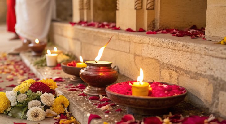 Traditional oil lamps with flower petals and candles lit on temple steps, decorated with marigolds and rose petals for a Hindu ritual.