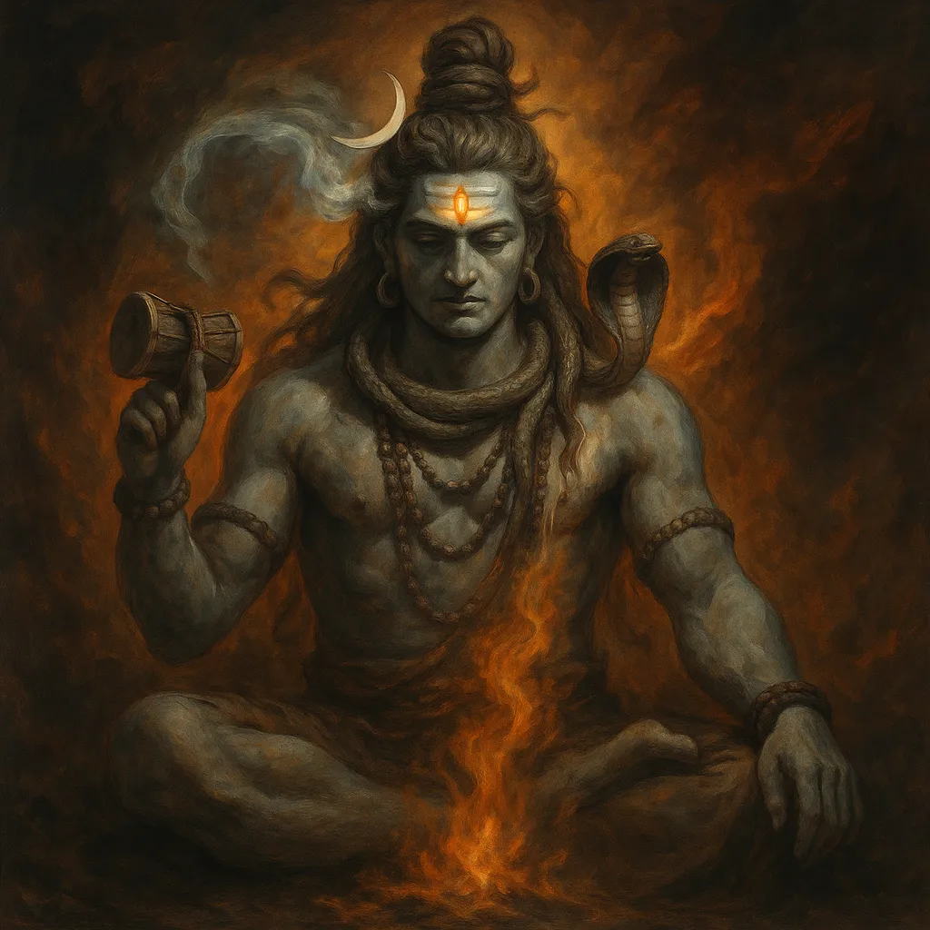 A powerful oil painting of Lord Shiva meditating with a glowing third eye, crescent moon, serpent on his shoulders, and Ganga flowing from his hair, surrounded by fiery cosmic energy.