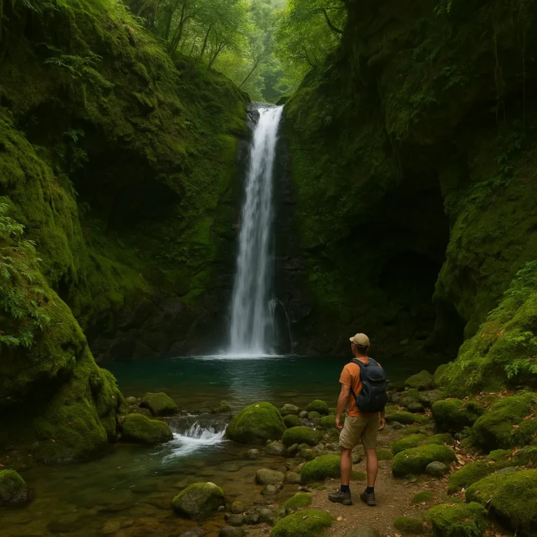 A hiker stands before a lush, moss-covered waterfall in a forest near Rishikesh, with clear turquoise water pooling below and sunlight filtering through the trees.