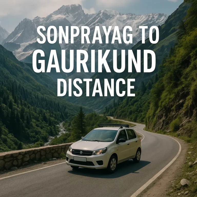 A white compact car drives along a winding mountain road toward Gaurikund, surrounded by lush green forests and Himalayan peaks in the distance.