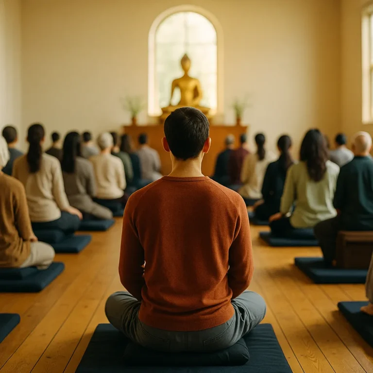 A photograph captures a light-filled meditation hall with practitioners seated silently in rows, facing a golden Buddha statue, evoking the peaceful ambiance of Spirit Rock.