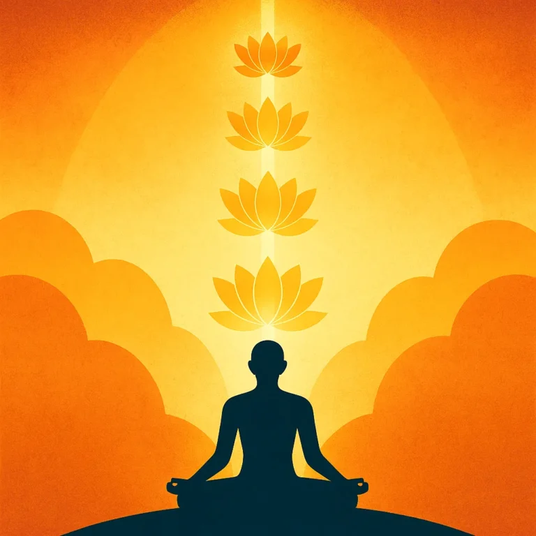 A digital illustration features a silhouette of a meditating figure beneath a glowing vertical path of golden lotus flowers, symbolizing the stages of enlightenment.