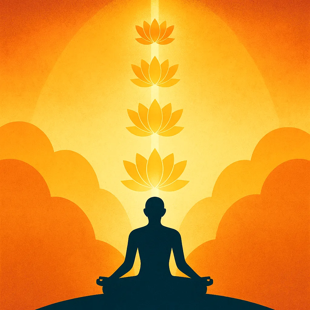 A digital illustration features a silhouette of a meditating figure beneath a glowing vertical path of golden lotus flowers, symbolizing the stages of enlightenment.