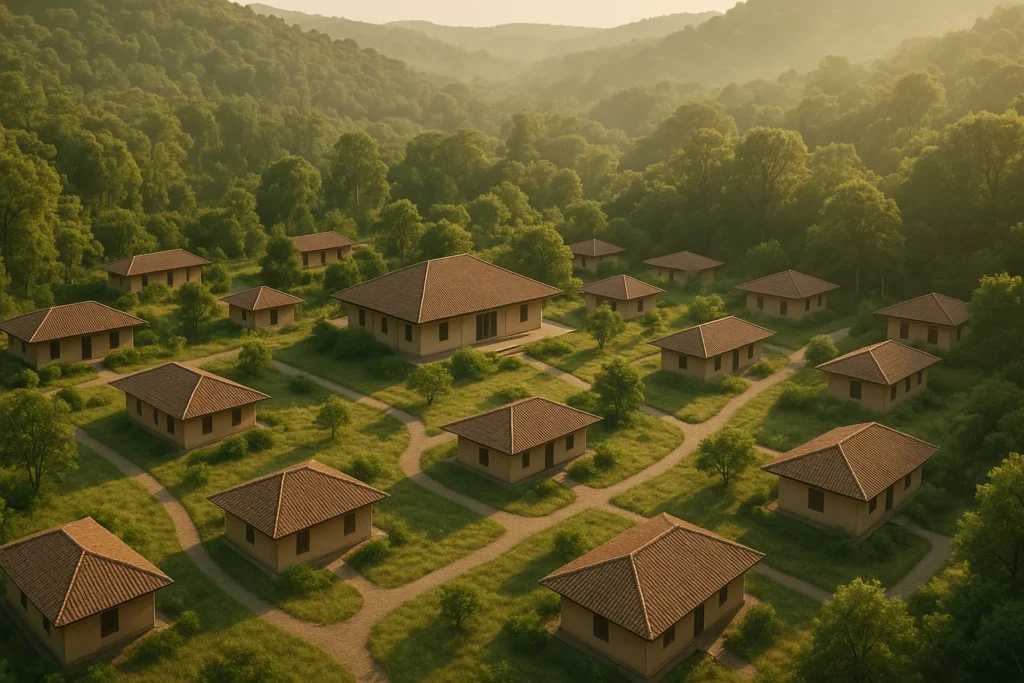 Aerial view of a secluded Vipassana meditation centre with small tile-roofed buildings arranged in a peaceful forest landscape.