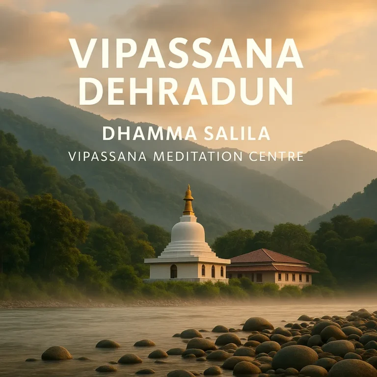 A photograph captures the Dhamma Salila Vipassana Centre near Dehradun at sunrise, with a white stupa by a flowing river and misty mountains in the background.