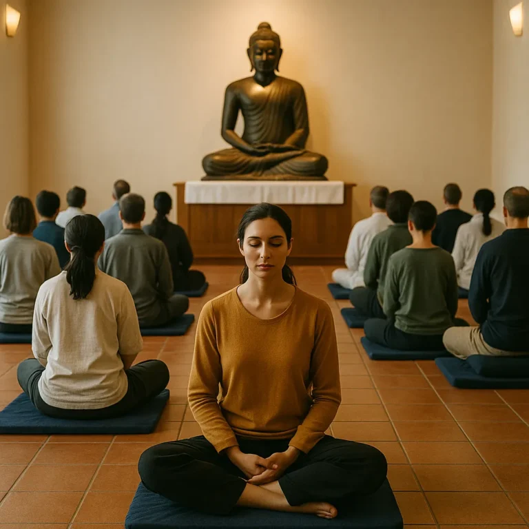 A photograph captures a meditation session inside a Vipassana centre, with participants seated silently on cushions in front of a large bronze Buddha statue.