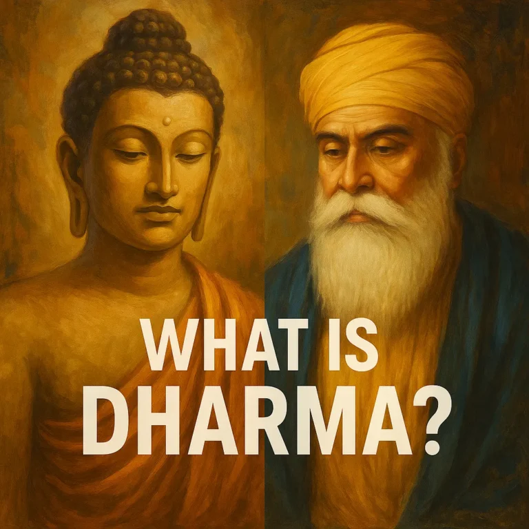 A traditional oil painting showing the Buddha and Guru Nanak side by side with the text “What is Dharma?” between them, evoking a shared spiritual legacy.