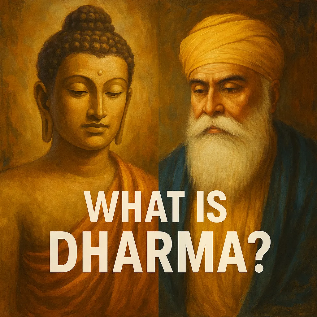 A traditional oil painting showing the Buddha and Guru Nanak side by side with the text “What is Dharma?” between them, evoking a shared spiritual legacy.